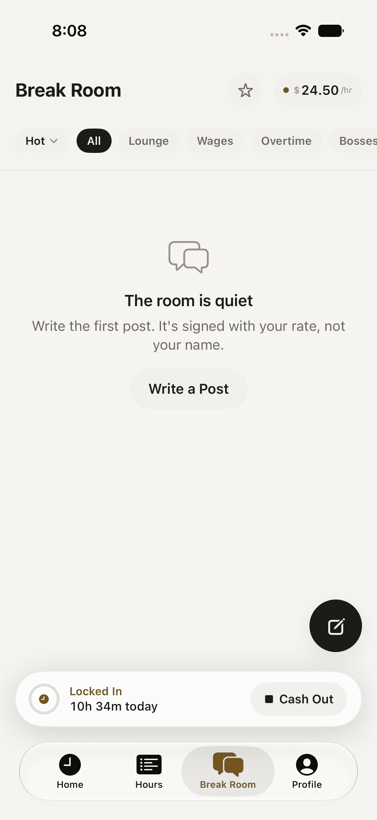 The Break Room, signed by hourly rate