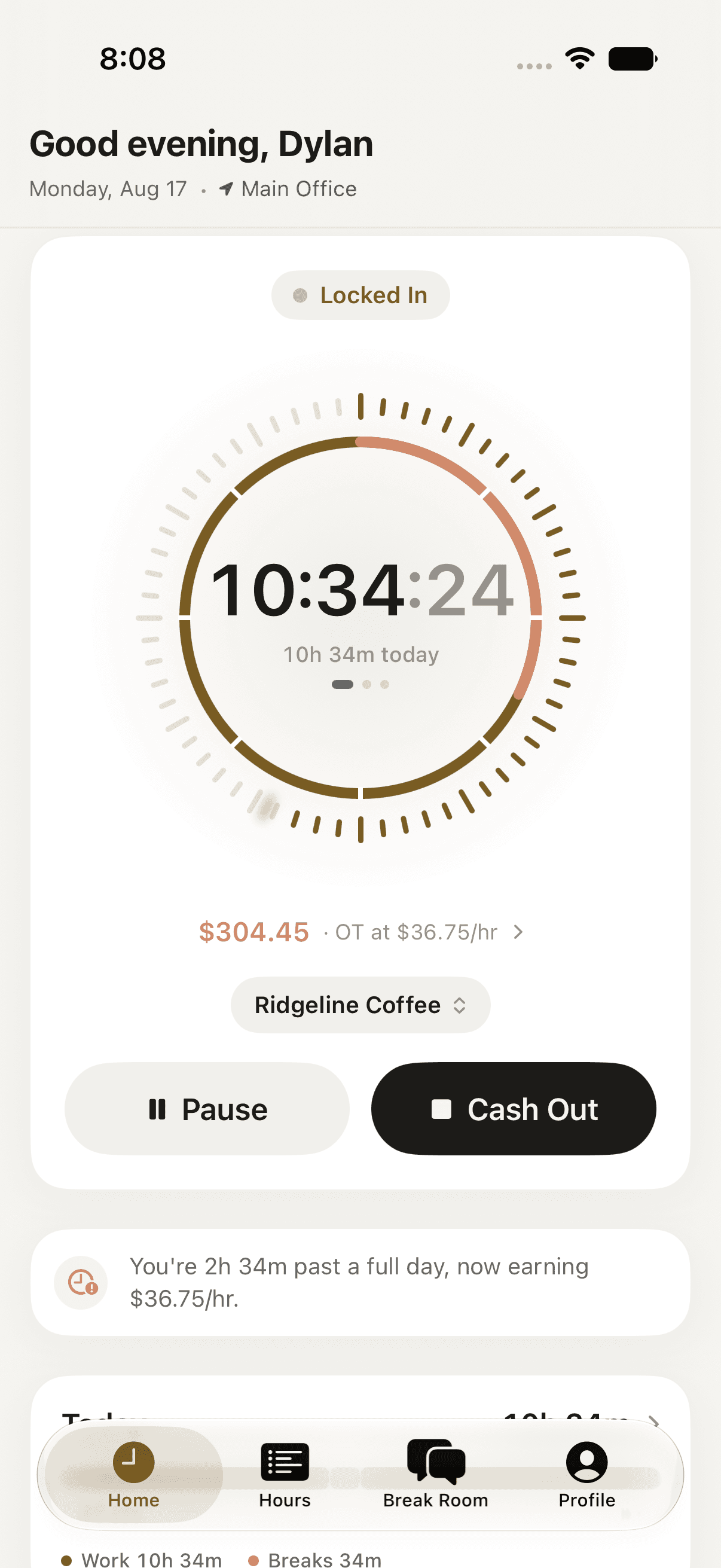 Clocked's Home tab, mid-shift, with the live pay dial